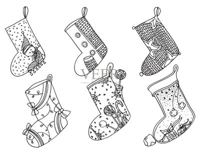 一套圣誕襪。矢量程式化的冬天襪子的集合。一整套裝飾圣誕絲襪。手工繪制的黑色和白色。涂鴉藝術(shù)矢量圖素材下載 - Veer圖庫